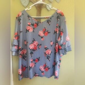 Striped Floral Women's Blouse with 3/4 ruffle sleeves